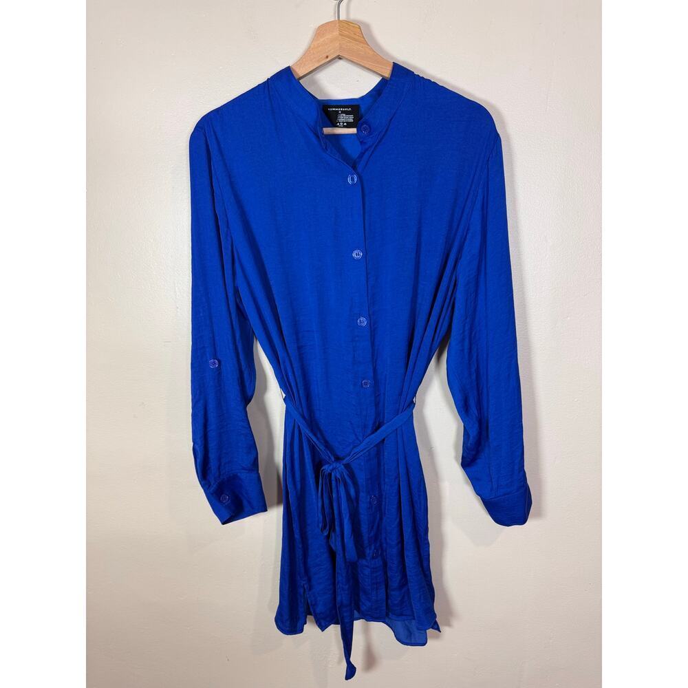 Summersalt Womens Silky Shirt Dress Cobalt Blue Button Down Coastal Beach M